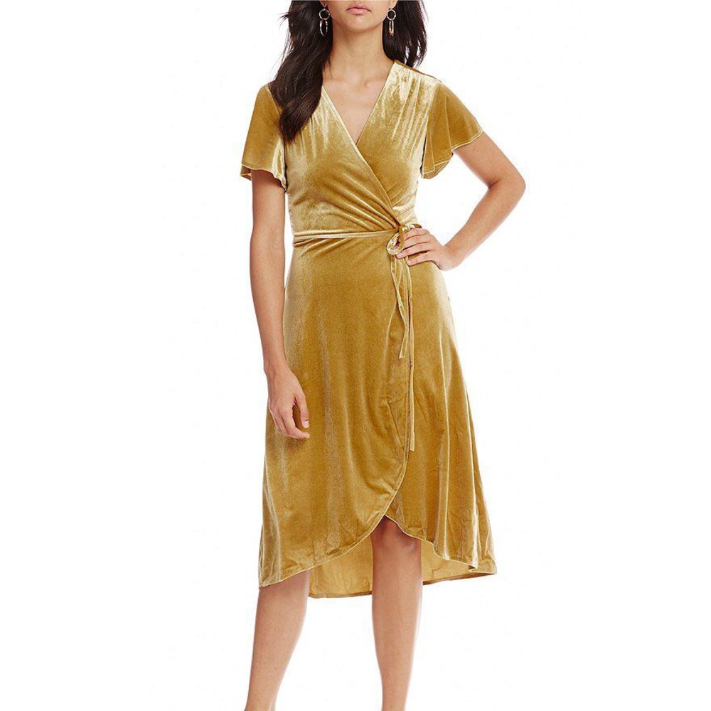 Lucy Paris Faux Wrap Velvet Midi Dress with Tie